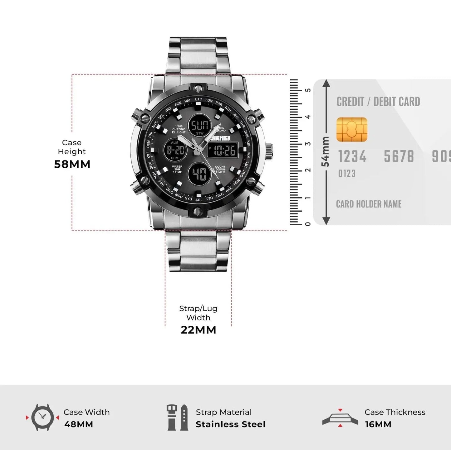 Skmei Menβs Luxury β Digital Sports Watch, Stainless Steel Edition Four Tick