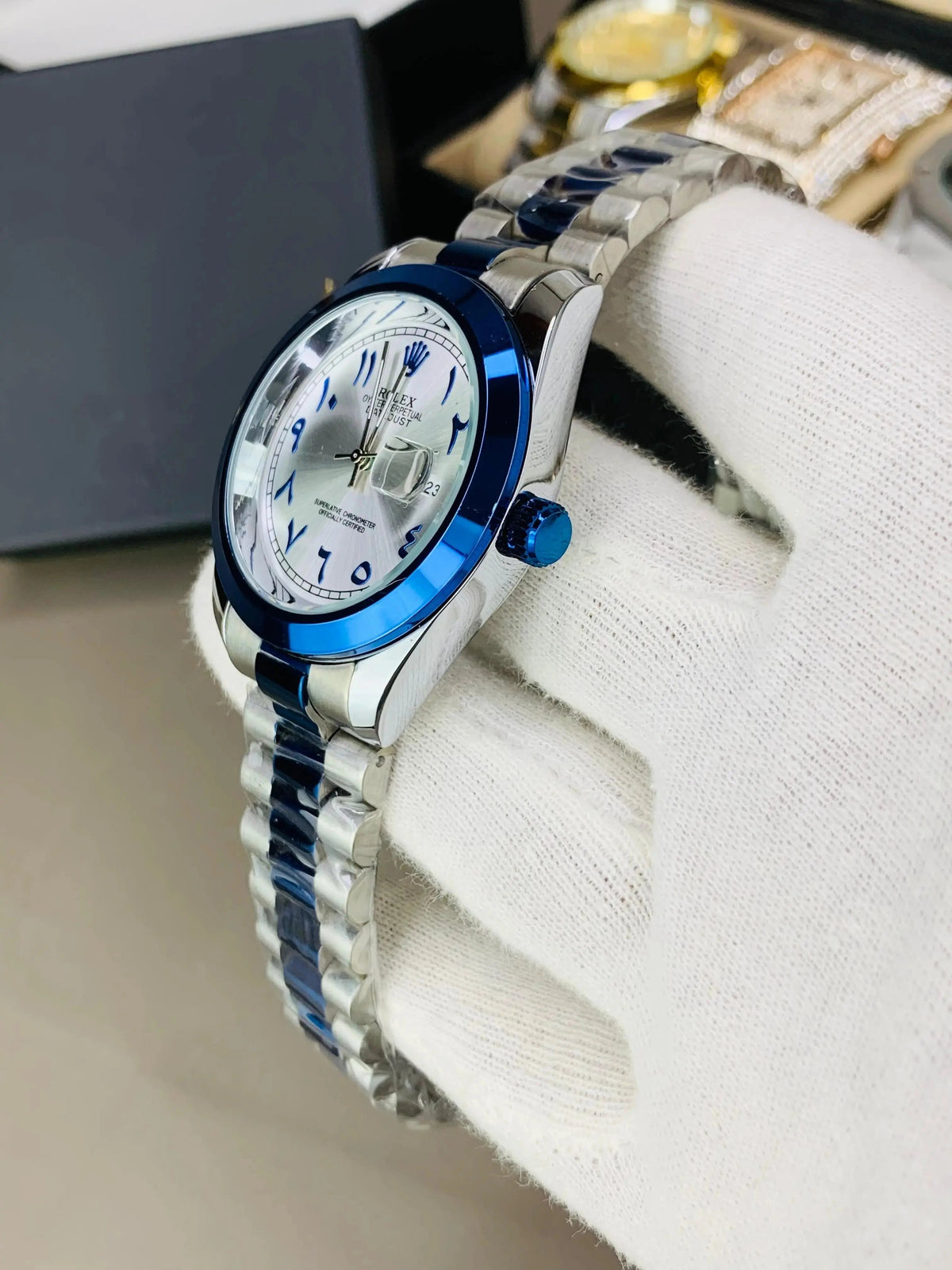 Rolex Blue Arabic Executive Edition – Two-Tone Dial with Bold Chain Build Four Tick