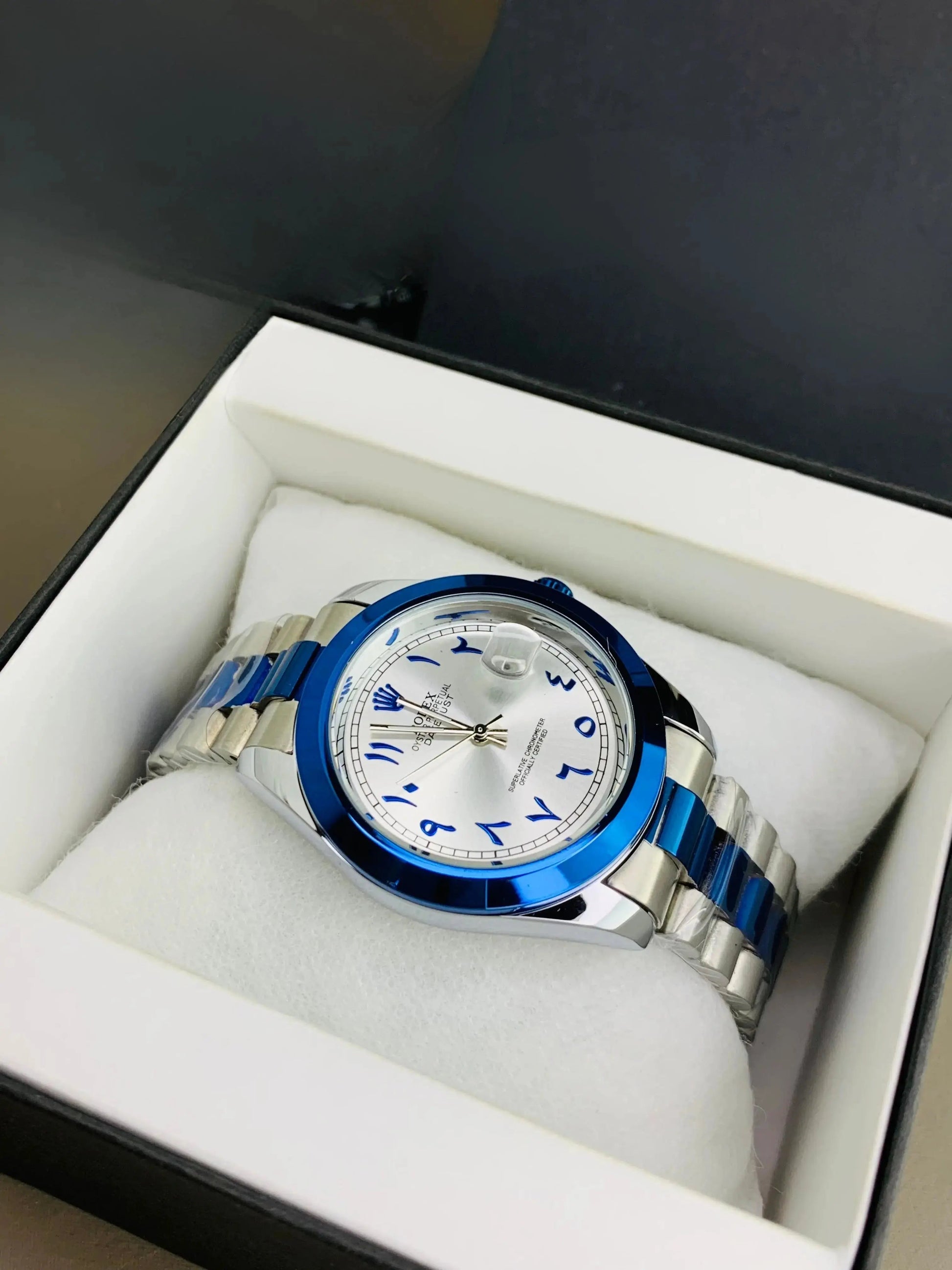 Rolex Blue Arabic Executive Edition – Two-Tone Dial with Bold Chain Build Four Tick