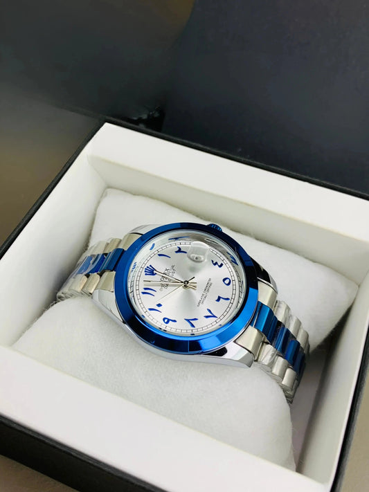Rolex Blue Arabic Executive Edition – Two-Tone Dial with Bold Chain Build Four Tick